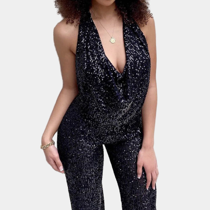 Glitter Jumpsuit met V-hals en Wijde Pijpen voor Dames