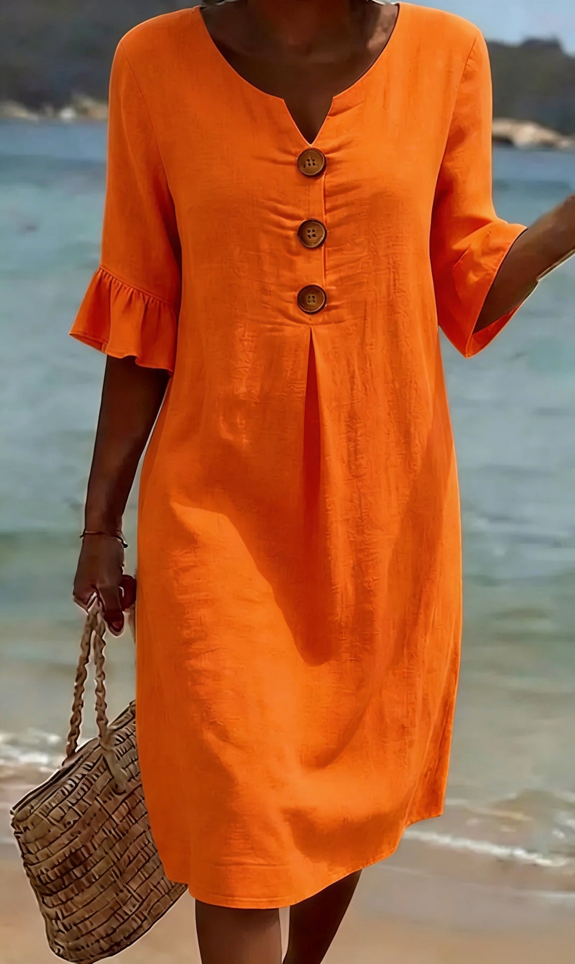 V-Hals Midi Jurk met Knoopsluiting voor Dames