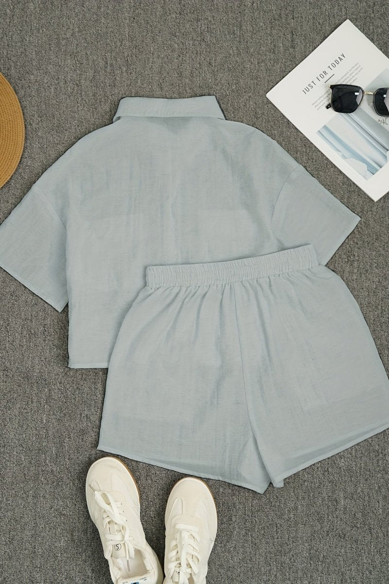 Linnen Getailleerde Korte Broek Set met Reverskraag voor Dames