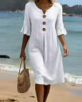 V-Hals Midi Jurk met Knoopsluiting voor Dames