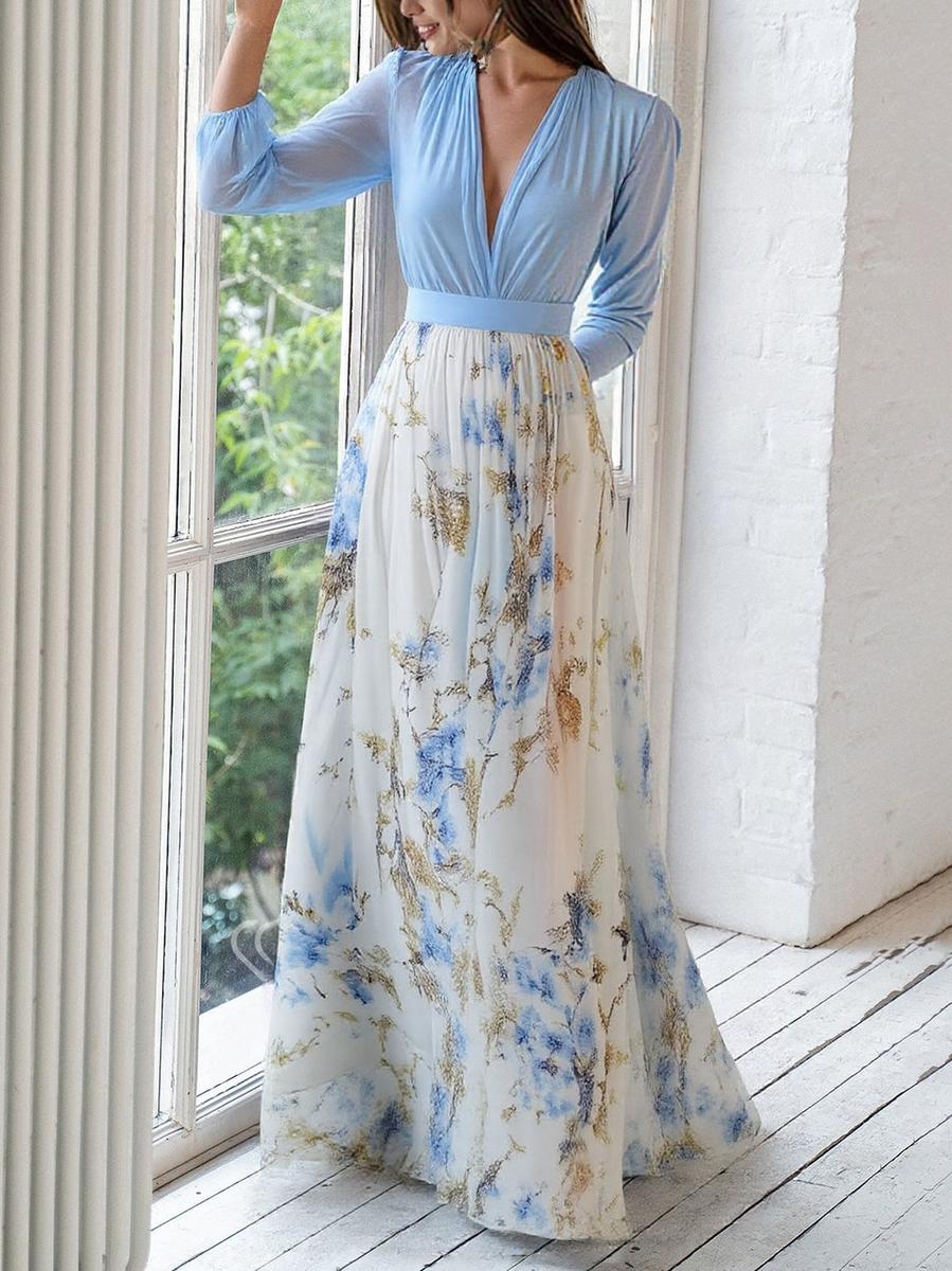 Bloemen Maxi Jurk met V-Hals en Lange Mouwen voor Dames