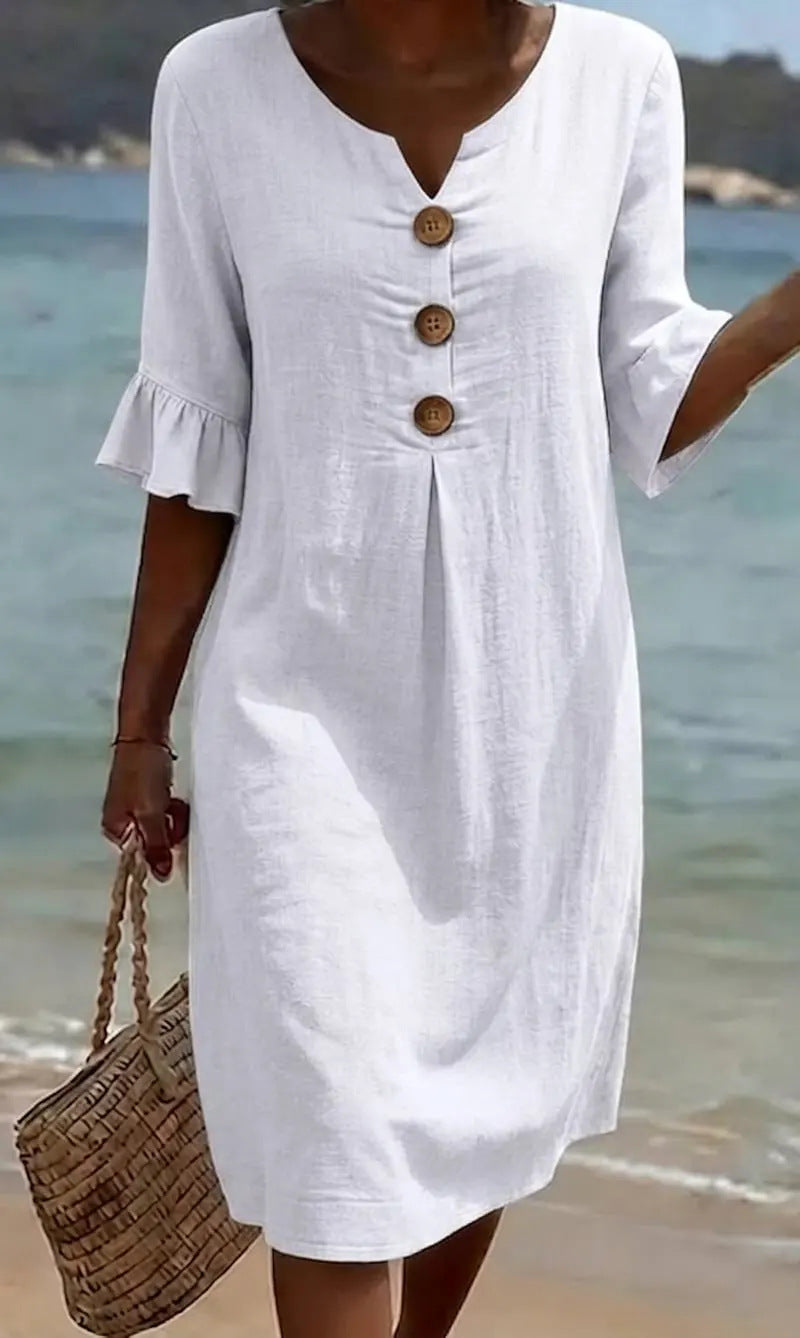 V-Hals Midi Jurk met Knoopsluiting voor Dames