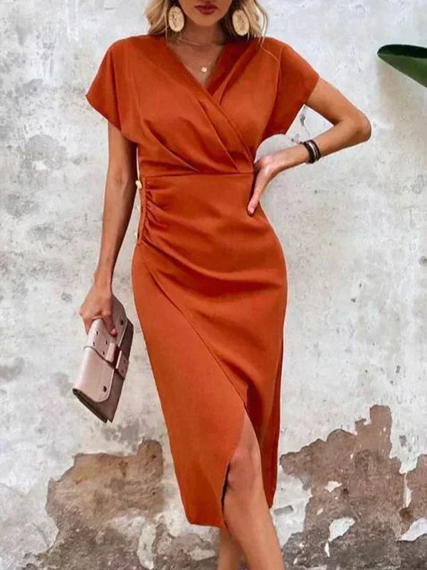 V-Hals Midi Jurk met Beinsplit voor Dames