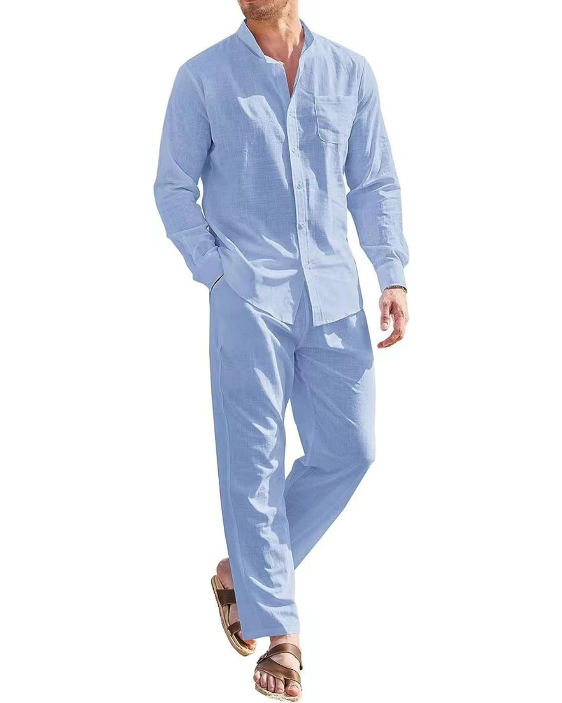 Linnen Set met Lange Mouw Shirt en Broek voor Heren