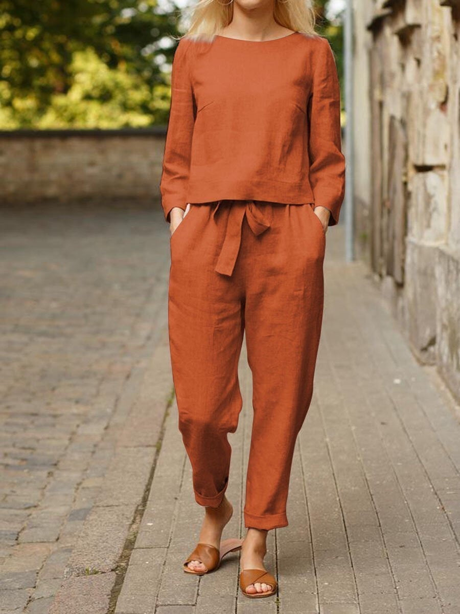 Linnen Lange Mouwen Palazzo Broek Set met Strikdetail voor Dames