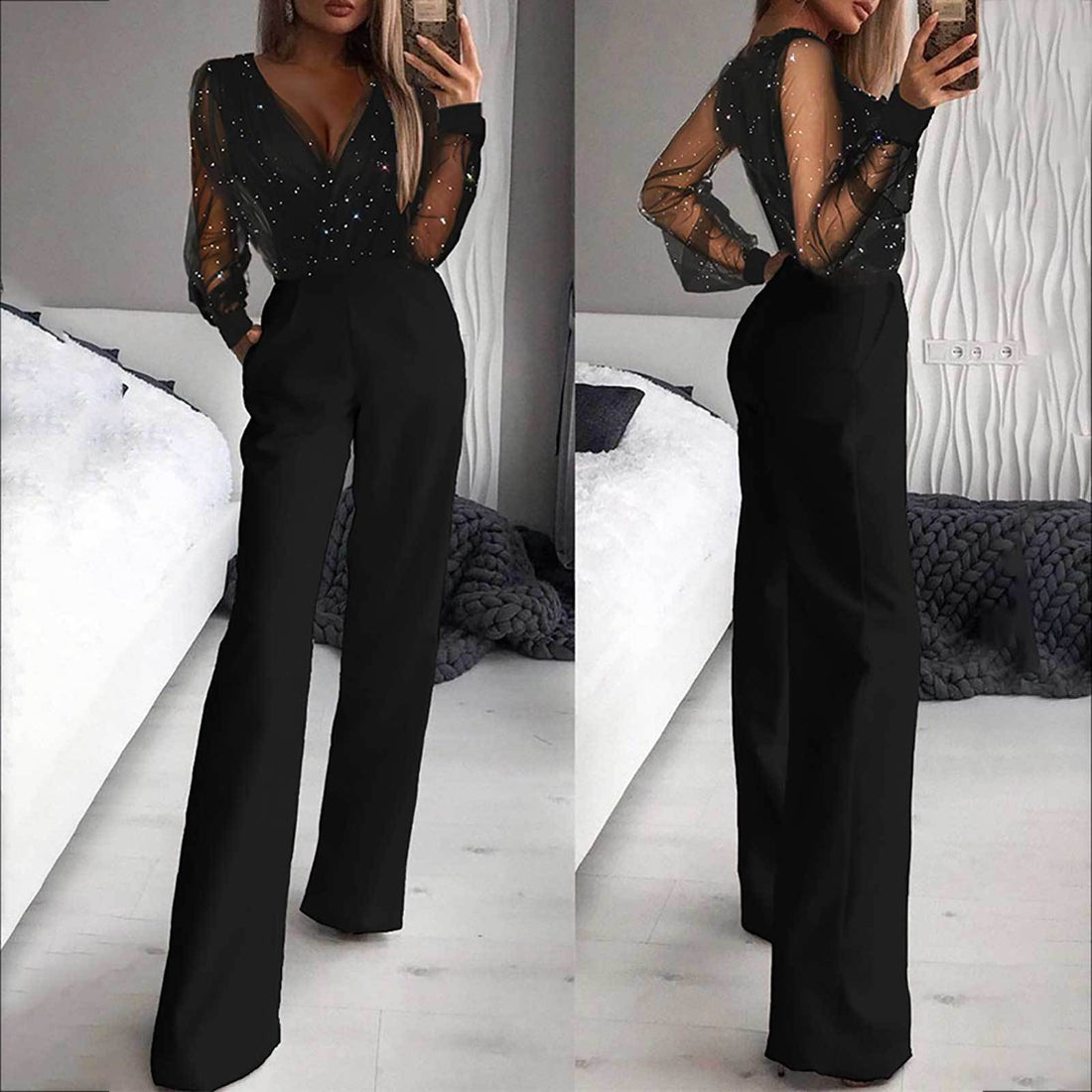 Jumpsuit met Mesh Mouwen en Strass Steentjes voor Dames