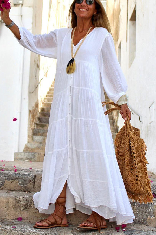 Linnen Button-Up Maxi Jurk met Tiered Volants voor Dames