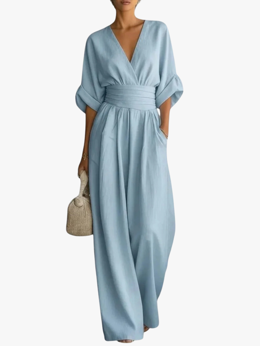 V-Hals Maxi Jumpsuit met Geplooide Details voor Dames