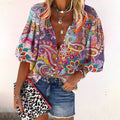 Bloemen Blouse met Knoopsluiting en Halve Mouwen voor Dames