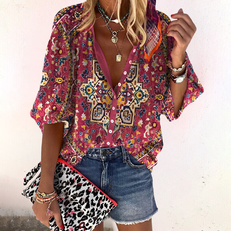 Bloemen Blouse met Knoopsluiting en Halve Mouwen voor Dames
