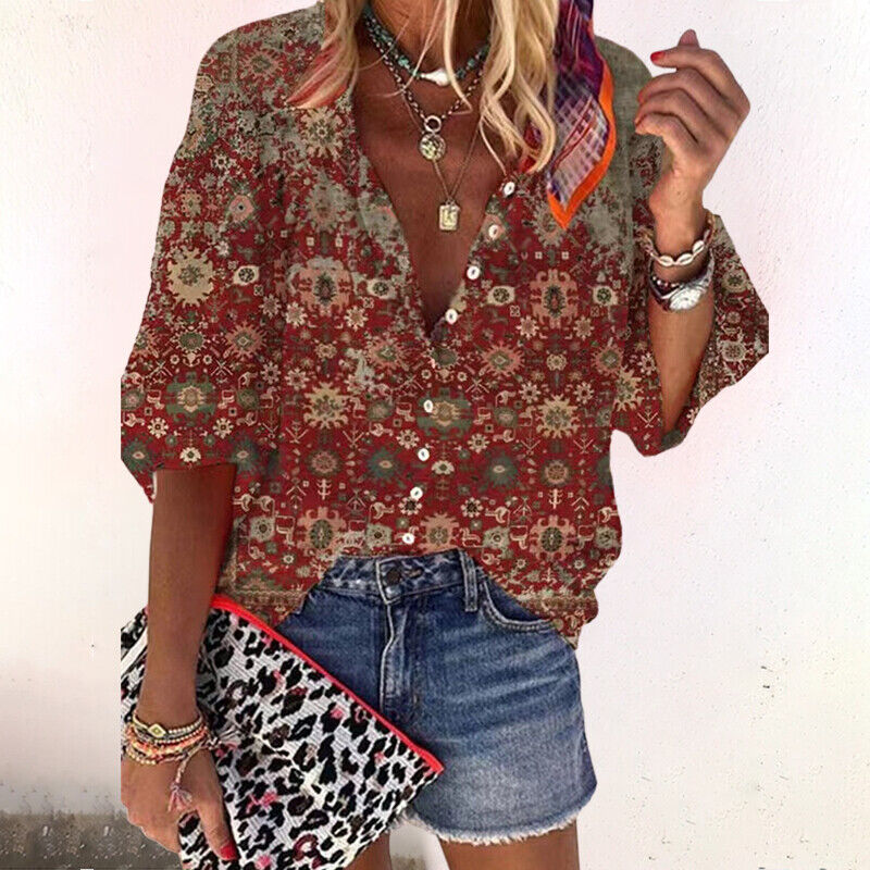 Bloemen Blouse met Knoopsluiting en Halve Mouwen voor Dames