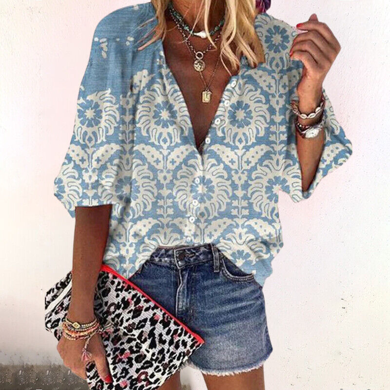 Bloemen Blouse met Knoopsluiting en Halve Mouwen voor Dames