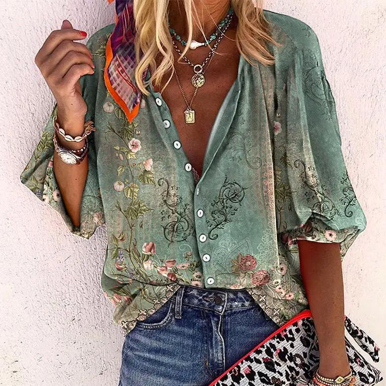 Bloemen Blouse met Knoopsluiting en Halve Mouwen voor Dames
