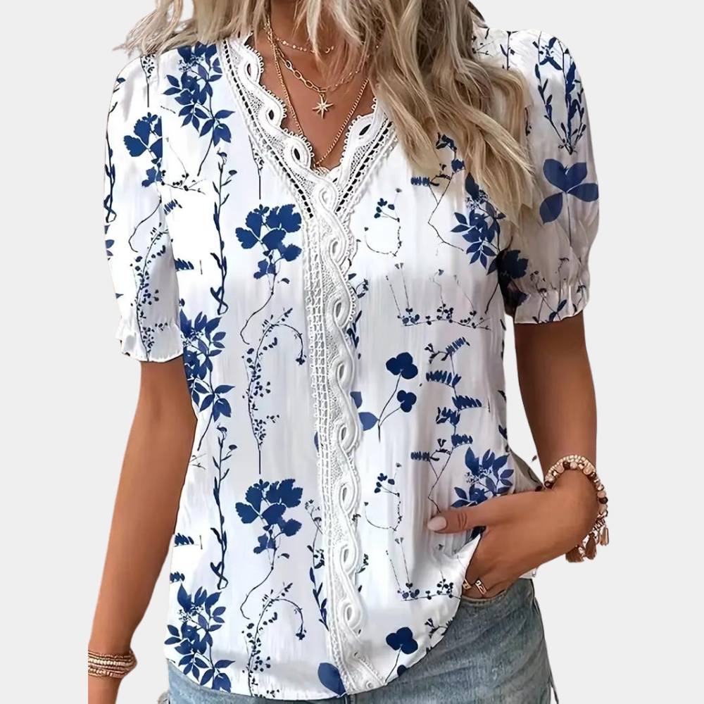 Agnes | Korte Mouwen Blouse met Bloemenmotief voor Dames