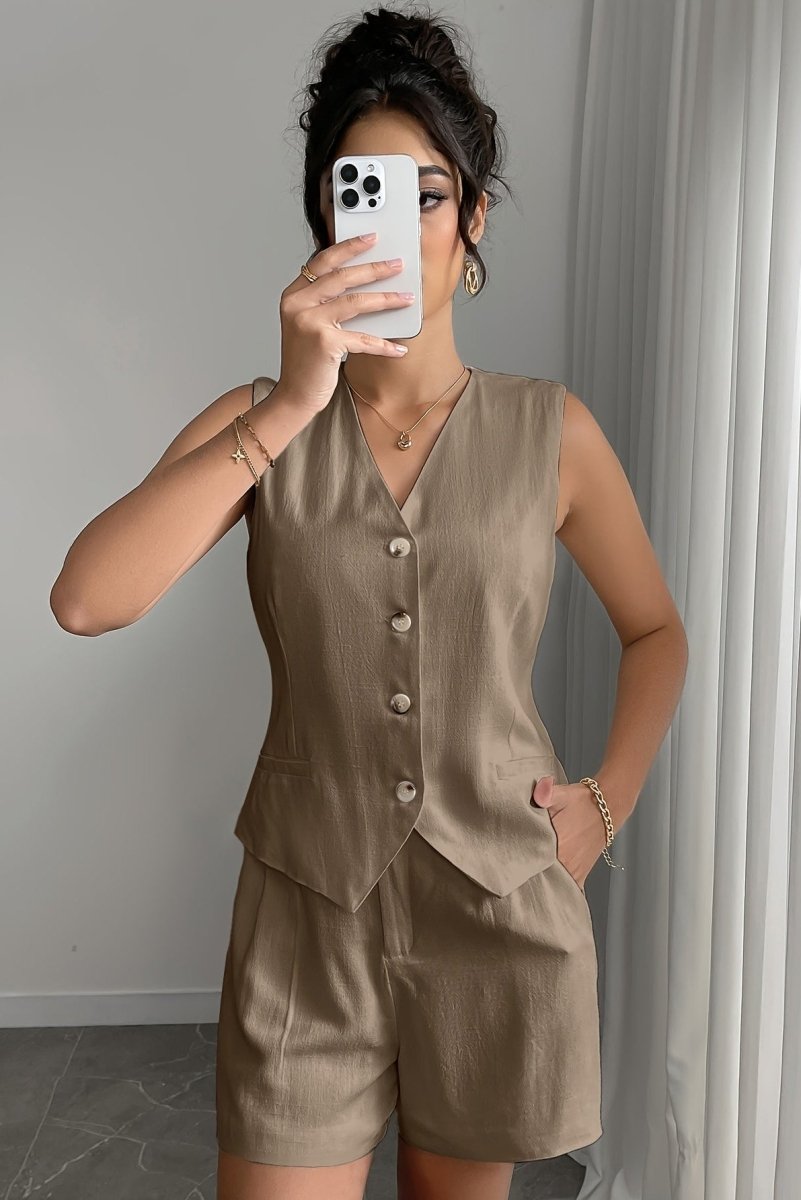 Linnen Knoopsluiting Korte Broek Set voor Dames