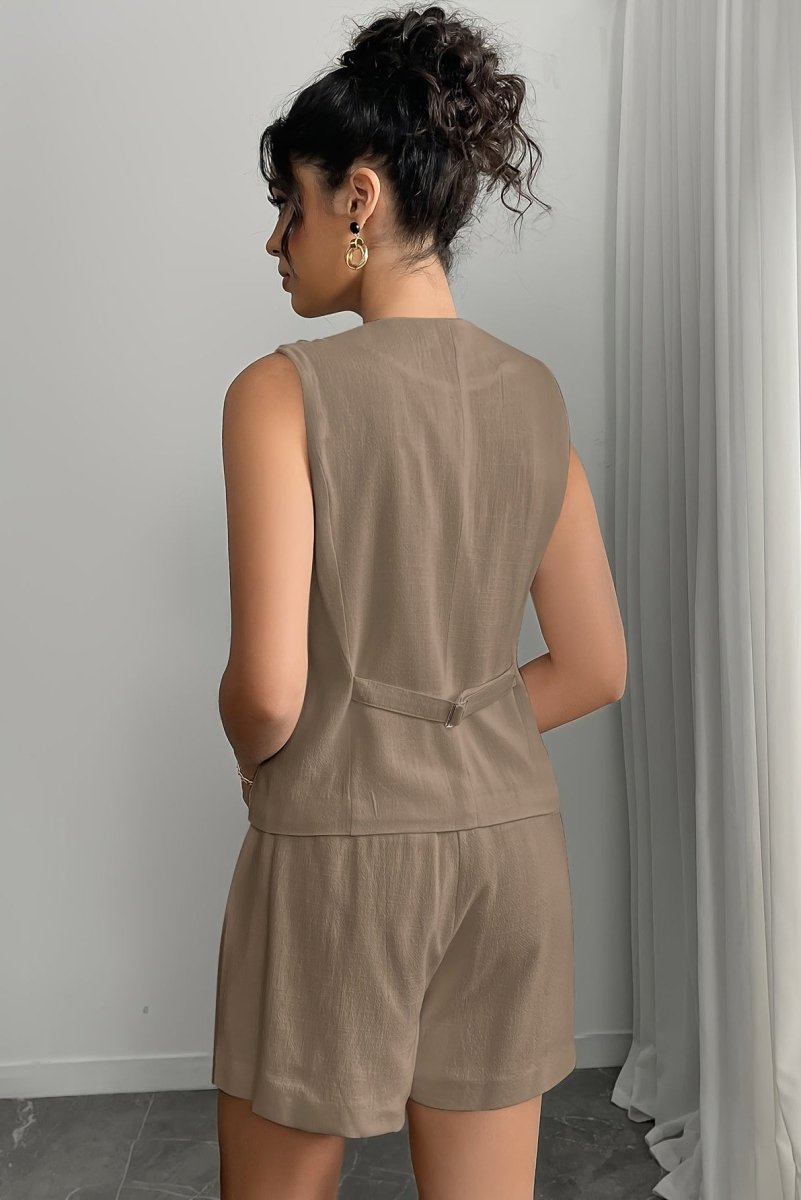 Linnen Knoopsluiting Korte Broek Set voor Dames