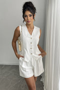Linnen Knoopsluiting Korte Broek Set voor Dames