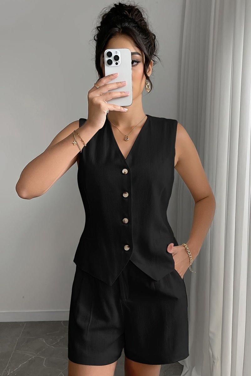 Linnen Knoopsluiting Korte Broek Set voor Dames