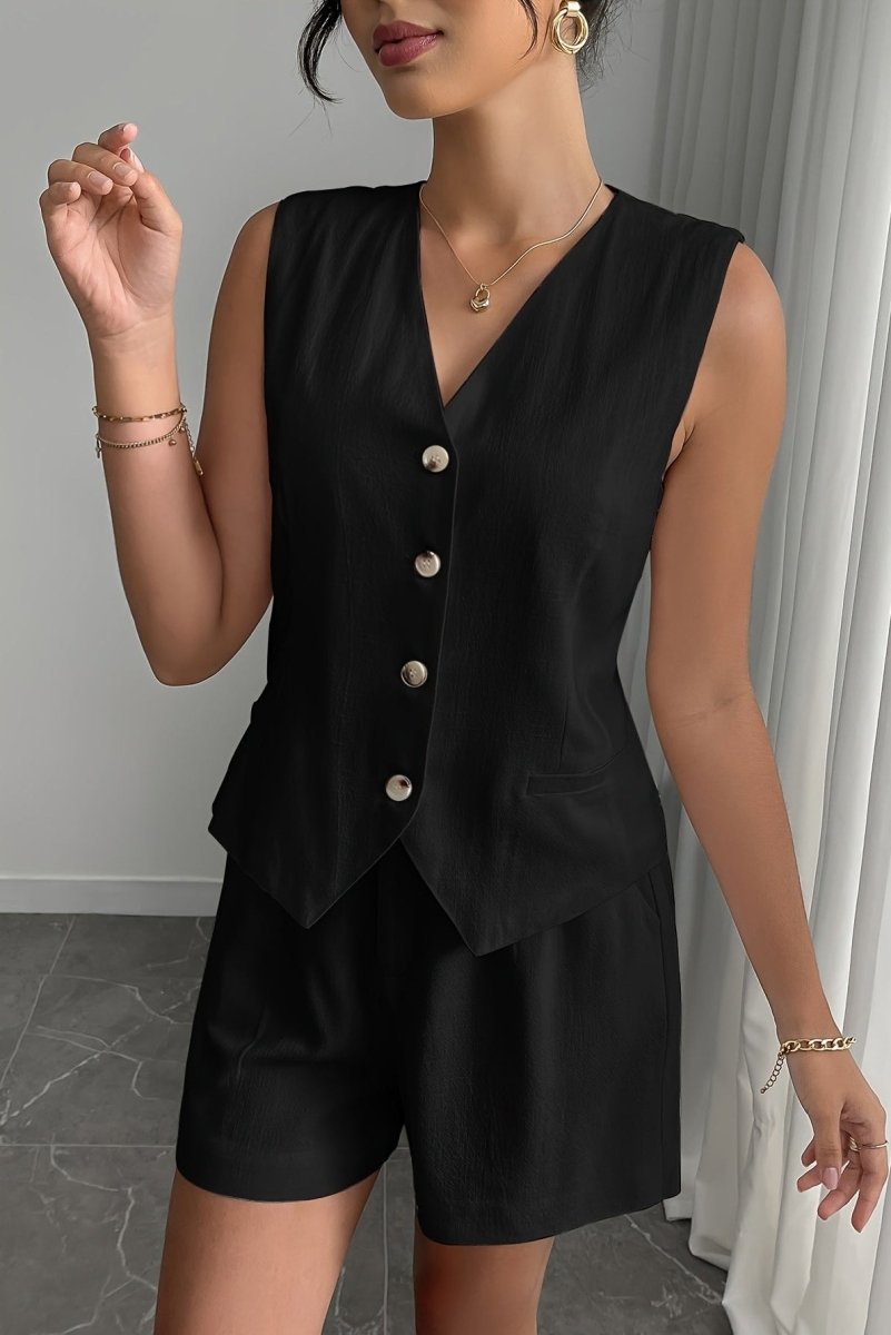 Linnen Knoopsluiting Korte Broek Set voor Dames