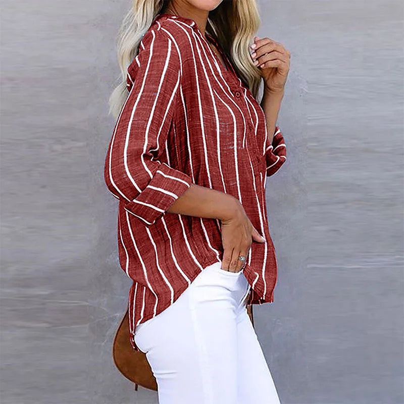 Gestreepte Button-Down Blouse met Opstaande Kraag voor Dames