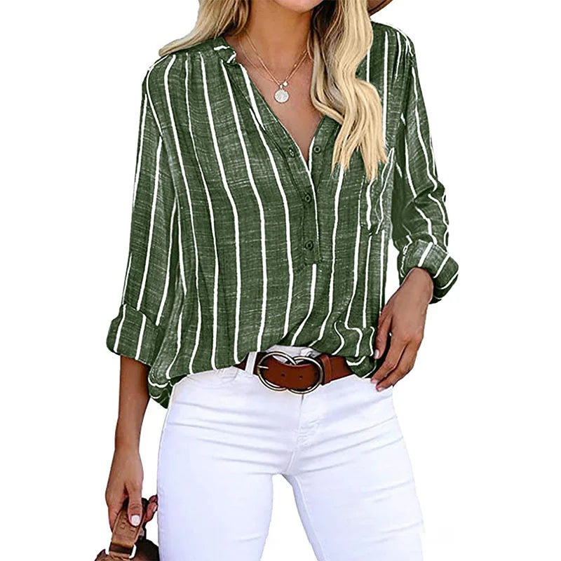 Gestreepte Button-Down Blouse met Opstaande Kraag voor Dames