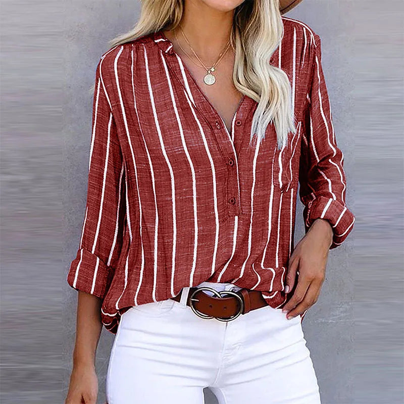 Gestreepte Button-Down Blouse met Opstaande Kraag voor Dames
