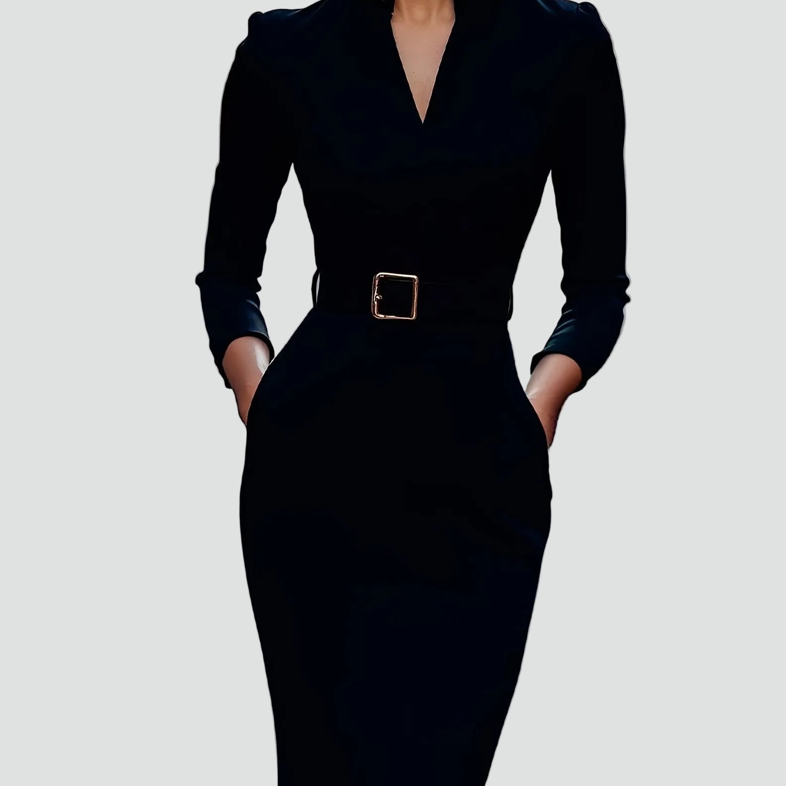 Belted Midi Cocktailjurk met Lange Mouwen voor Dames