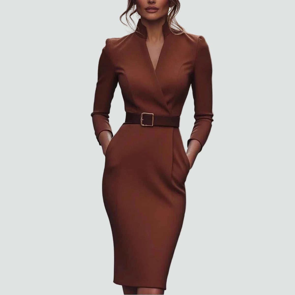 Belted Midi Cocktailjurk met Lange Mouwen voor Dames