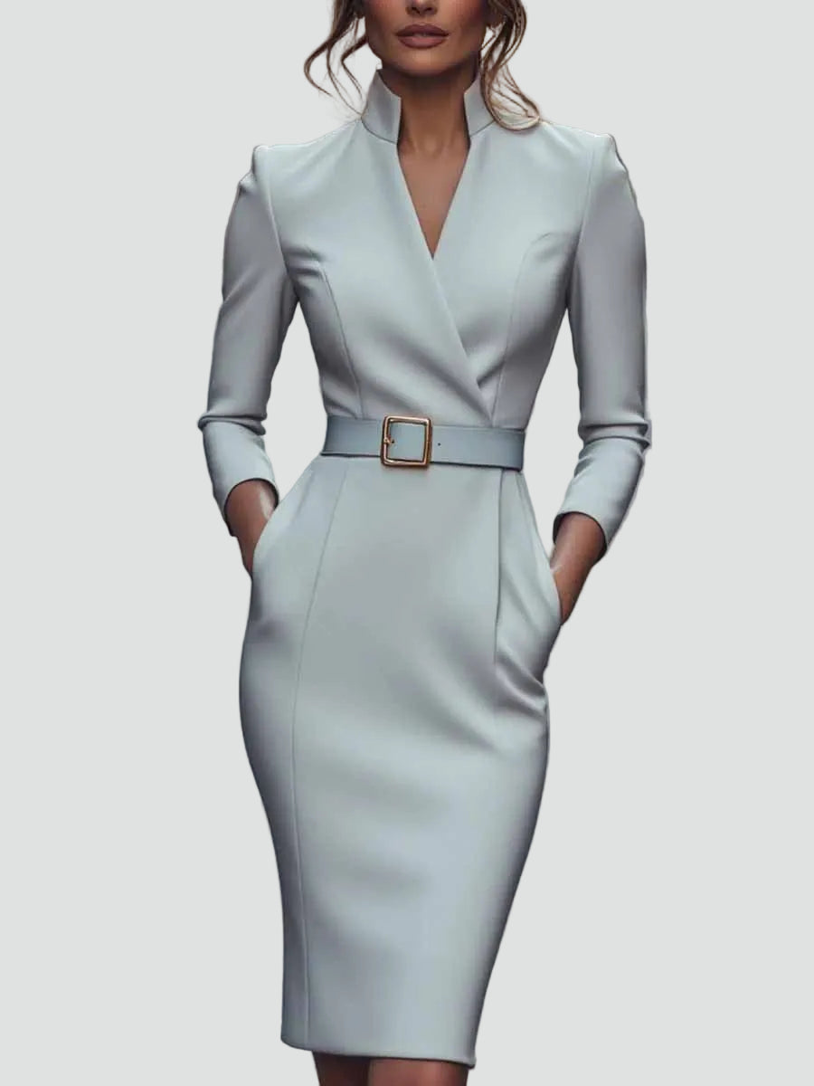 Belted Midi Cocktailjurk met Lange Mouwen voor Dames
