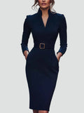 Belted Midi Cocktailjurk met Lange Mouwen voor Dames