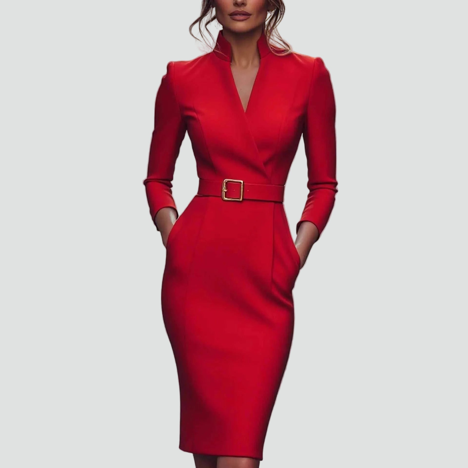 Belted Midi Cocktailjurk met Lange Mouwen voor Dames