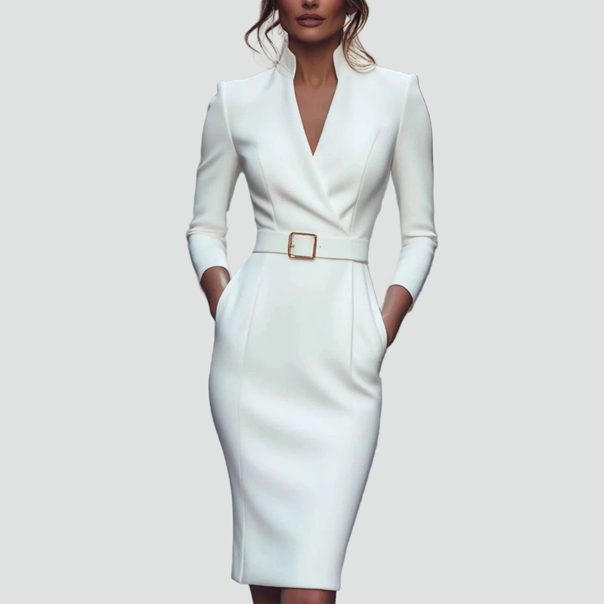 Belted Midi Cocktailjurk met Lange Mouwen voor Dames