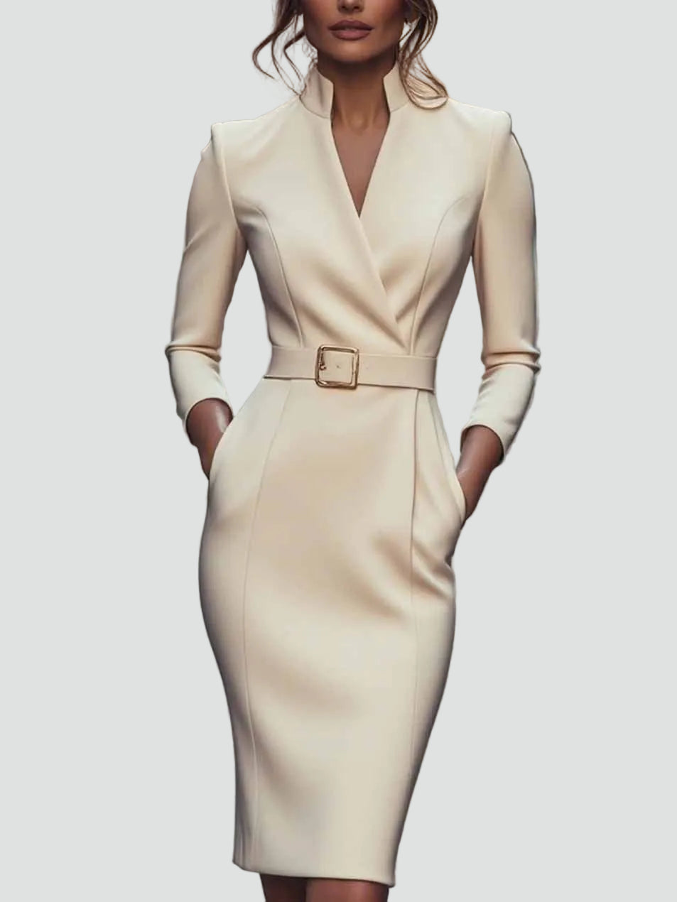 Belted Midi Cocktailjurk met Lange Mouwen voor Dames