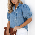 Button-Down Denim Blouse met Korte Mouwen voor Dames