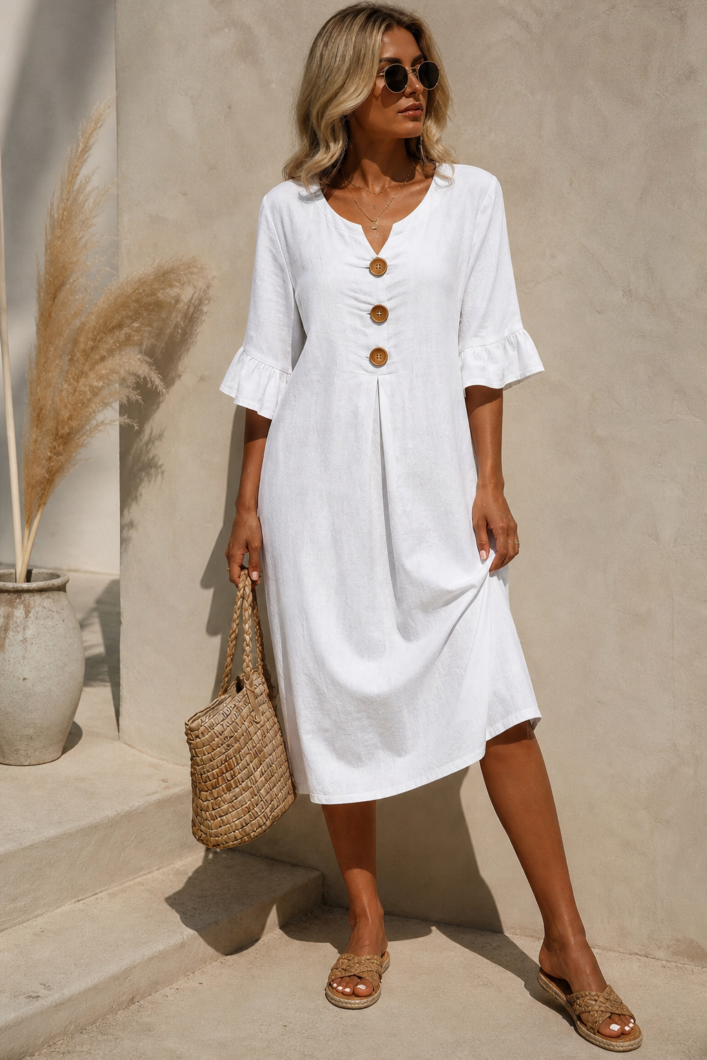 V-Hals Midi Jurk met Knoopsluiting voor Dames