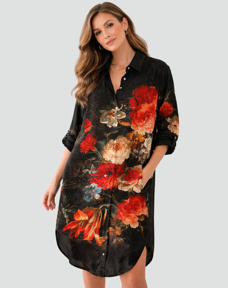 Bloemen Overhemd Jurk met Opstaande Kraag voor Dames