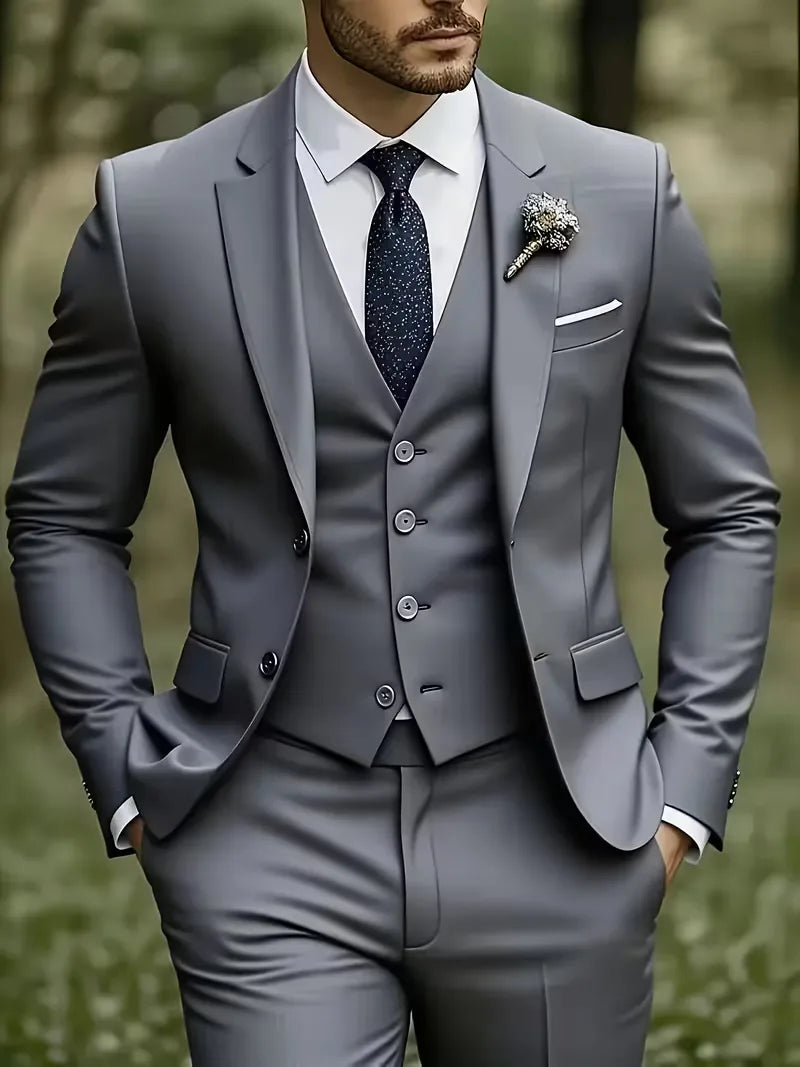 Slim Fit Driedelig Pak met Gilet en Notchkraag voor Heren