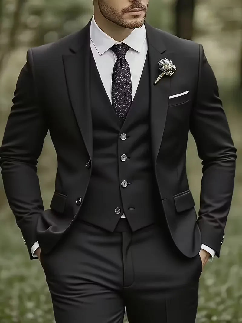 Slim Fit Driedelig Pak met Gilet en Notchkraag voor Heren