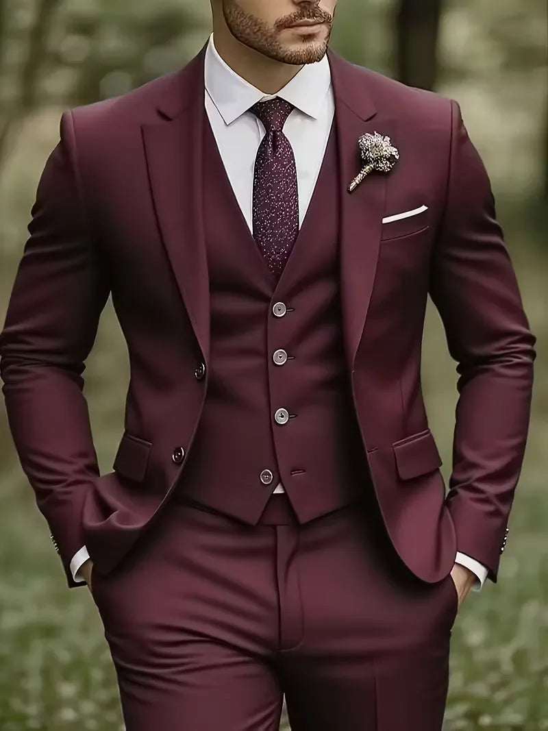 Slim Fit Driedelig Pak met Gilet en Notchkraag voor Heren