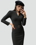 Belted Midi Cocktailjurk met Lange Mouwen voor Dames