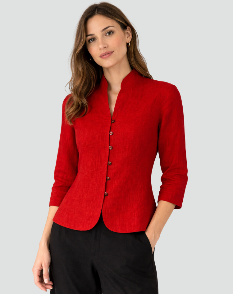 Linnen Blouse met Opstaande Kraag en Knoopsluiting voor Dames