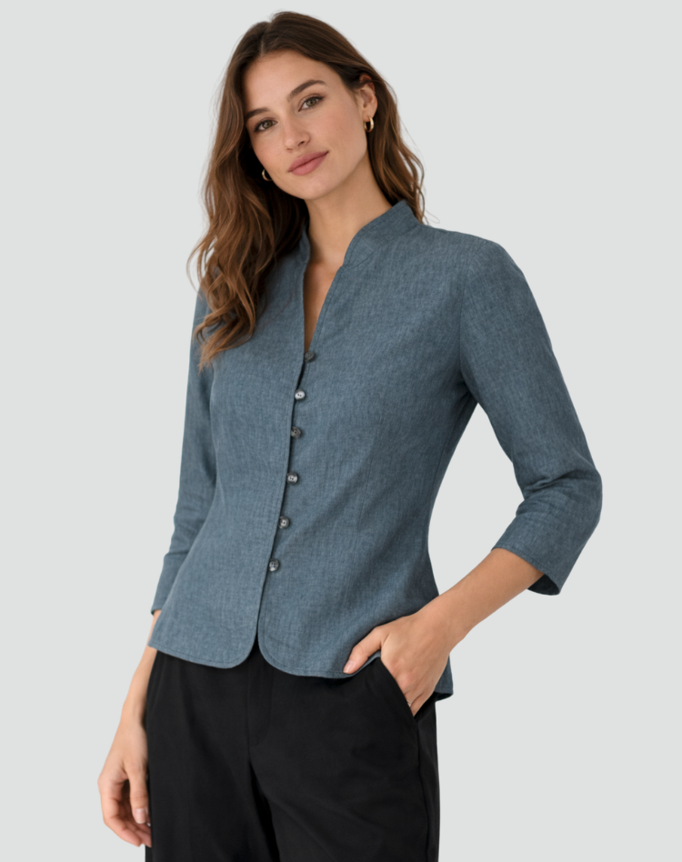 Linnen Blouse met Opstaande Kraag en Knoopsluiting voor Dames