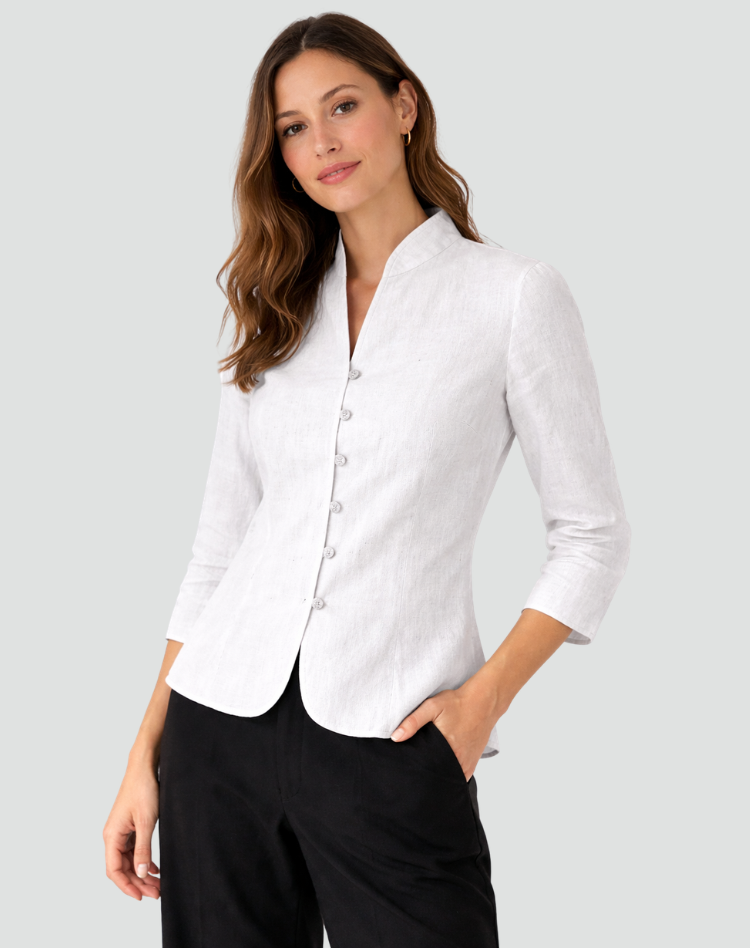 Linnen Blouse met Opstaande Kraag en Knoopsluiting voor Dames