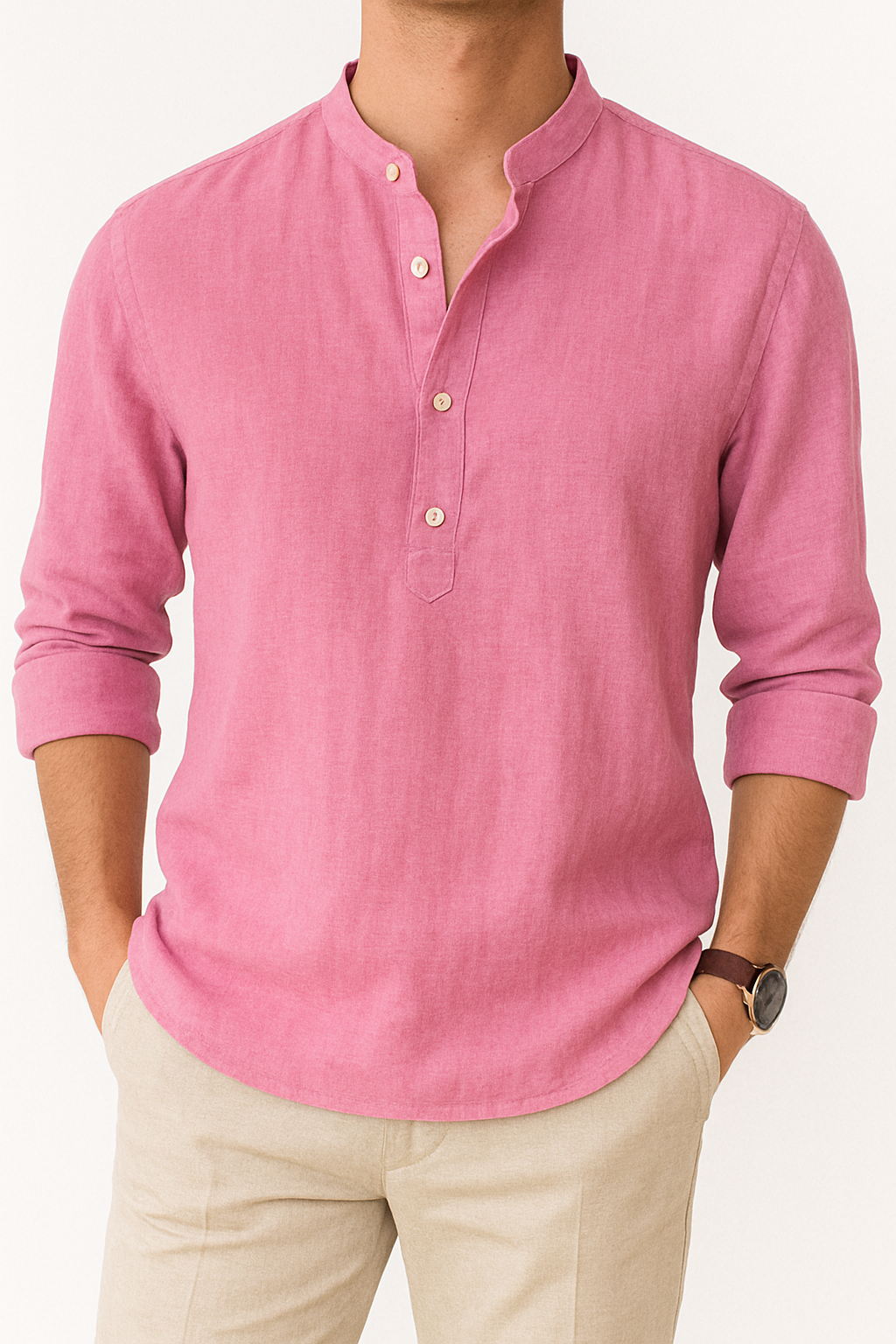 Linnen Henley Overhemd met Losse Pasvorm voor Heren