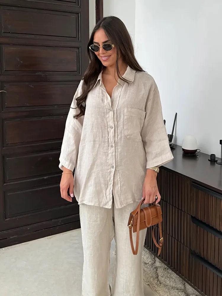 Linnen Button-Down Loungewear Set voor Dames