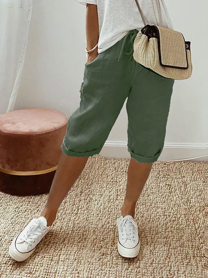 Melodie | Cropped Linen Chino Korte Broek met Steekzakken voor Dames
