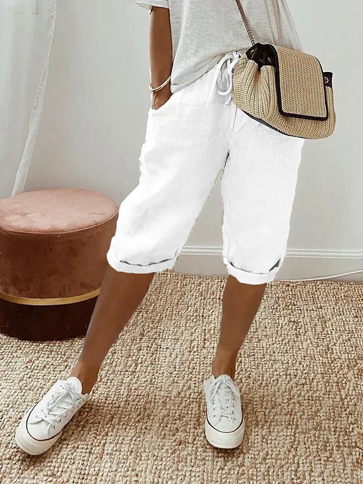 Melodie | Cropped Linen Chino Korte Broek met Steekzakken voor Dames