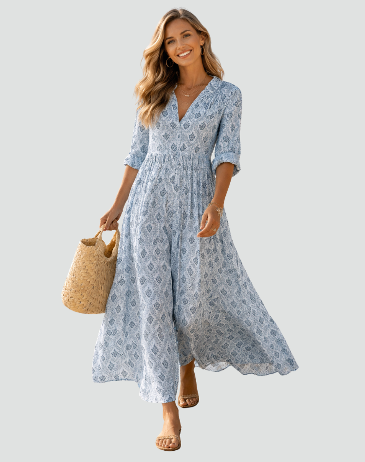 Bloemenjurk V-hals Maxi met Driekwartmouwen voor Dames