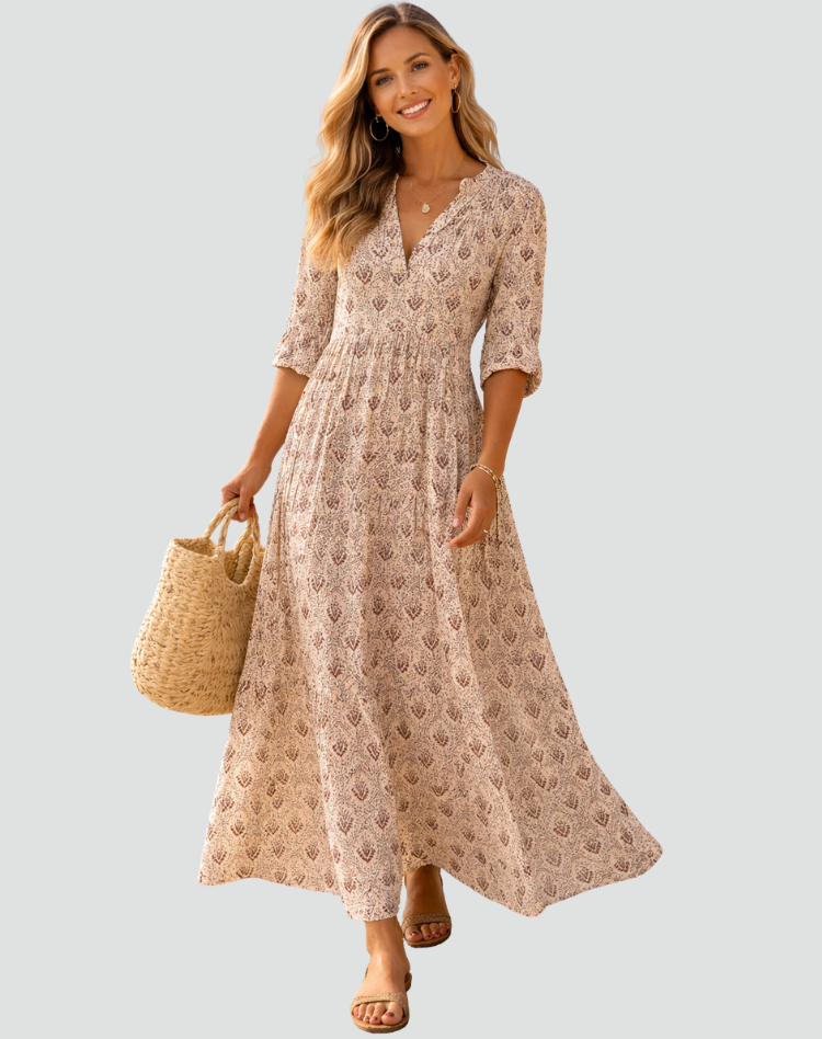 Bloemenjurk V-hals Maxi met Driekwartmouwen voor Dames