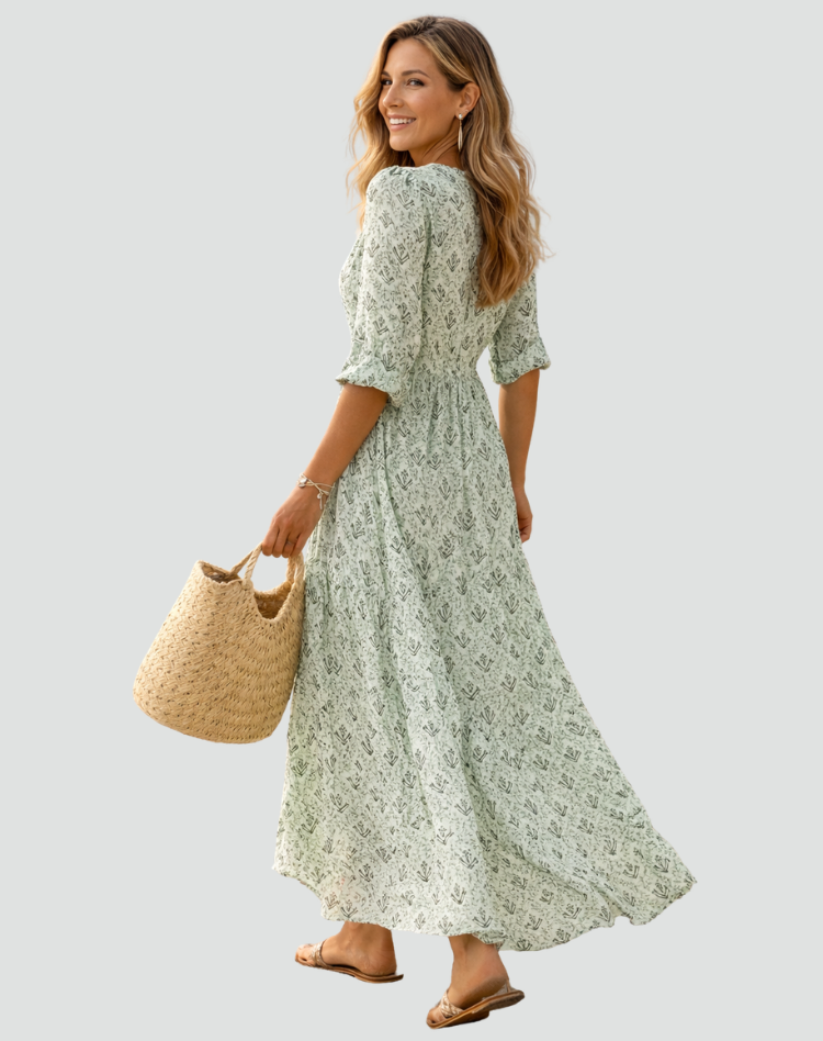 Bloemenjurk V-hals Maxi met Driekwartmouwen voor Dames